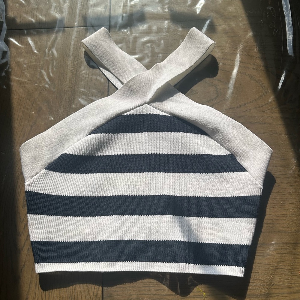 Babaton Navy and White Striped Cross-Back Tank Top